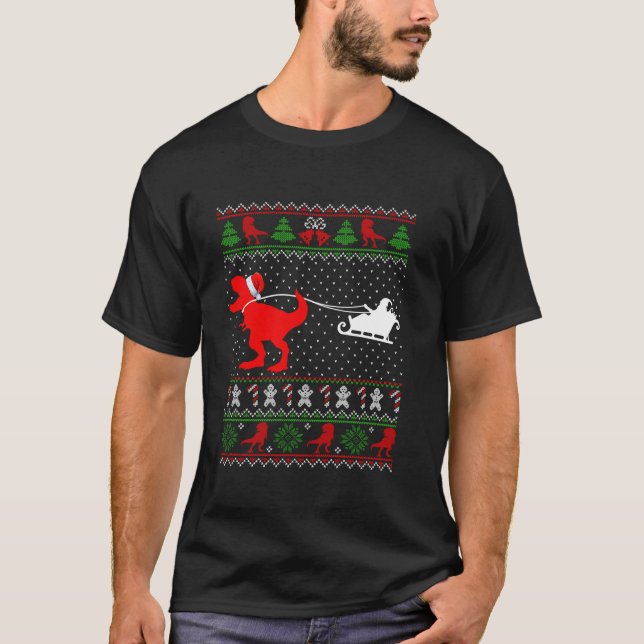 Funny Dinosaur T Rex Santa Sleigh Ugly jul S Shirt (Framsida)