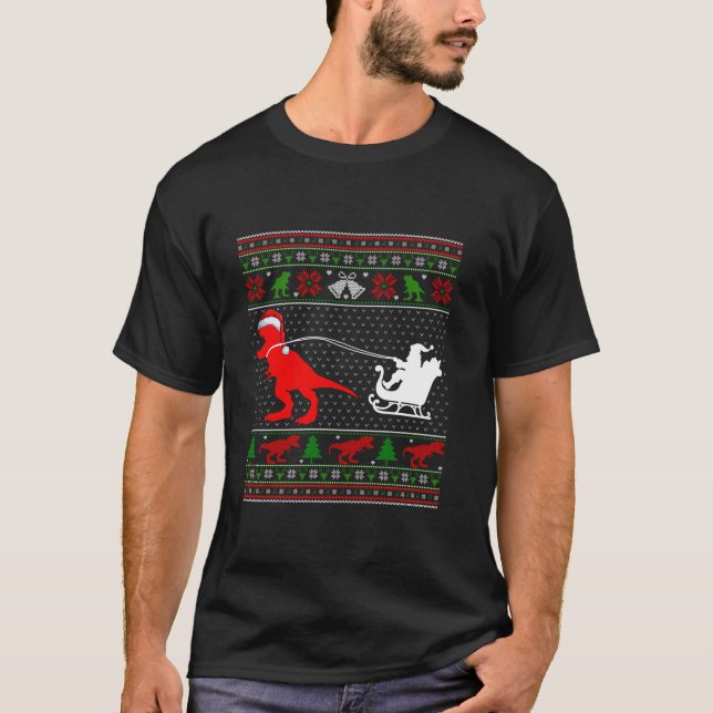 Funny Dinosaur T Rex Santa Sleigh Ugly jul S Shirt (Framsida)