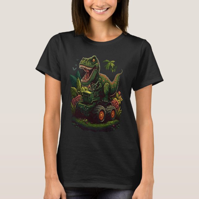 Funny Dinosaur Taking Monster Truck Joyride T Shirt (Framsida)