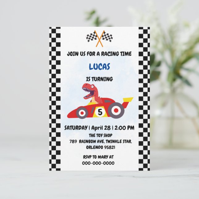 Funny Dinosaur tävla bilpojke barns födelsedag par Tack Kort (Stående Fram)