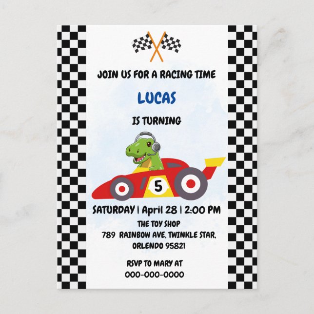 Funny Dinosaur tävla-Födelsedagsfest för bilgosspe Inbjudan Vykort (Framsida)