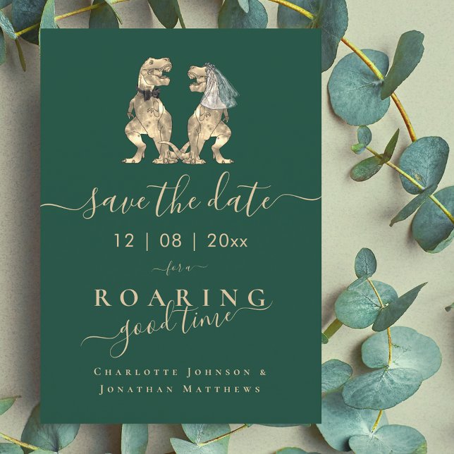 Funny Dinosaur Thworthy Bröllop Spara Datumet (Funny dinosaur wedding save the date T-Rex bride and groom dino elegant script)