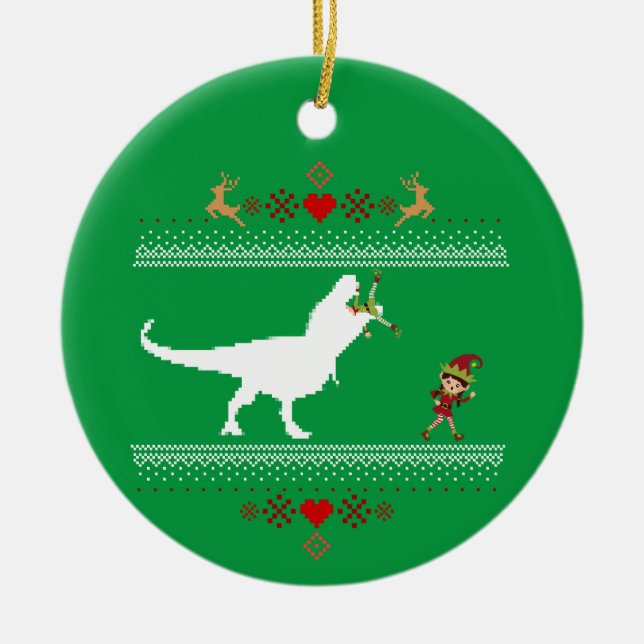 Funny Dinosaur Ugly Sweater Elf T-rex Julgransprydnad Keramik (Framsidan)