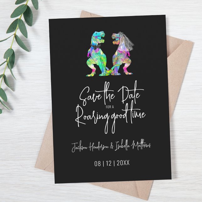 Funny Dinosaur Wedding Black and White Spara Datumet (Funny T-Rex bride and groom dinosaur wedding save the date for a roaring good time quote psychedelic)