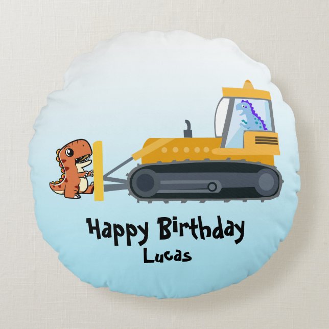 Funny dinosaurir traktorpojke Back to school Birth Rund Kudde (Framsidan)