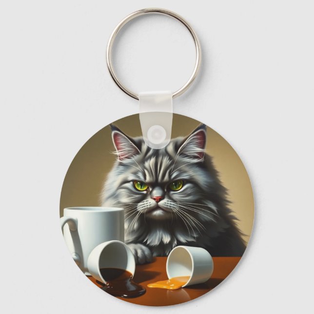 Funny Disappointed Cat With Coffee Mug Nyckelring (Framsida)