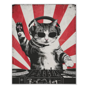 Funny DJ Cat Disco Ljud Tech Headphone Music Fototryck