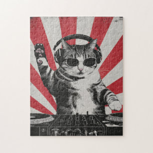 Funny DJ Cat Disco Ljud Tech Headphone Music Pussel