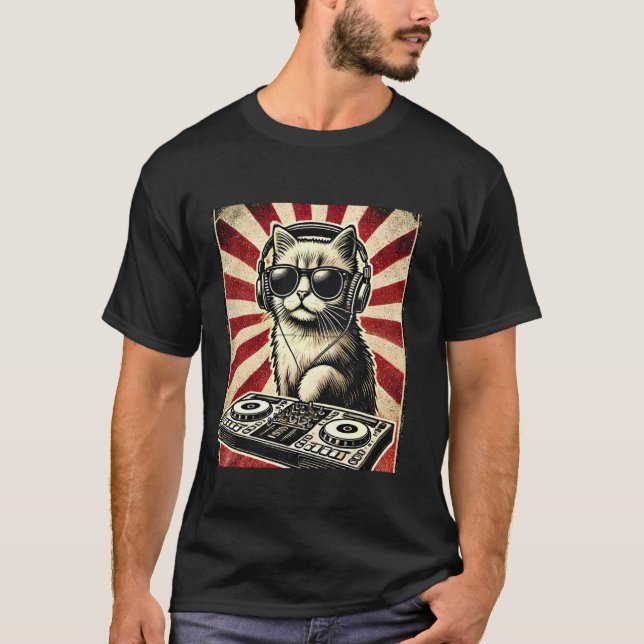 Funny DJ Cat Disco Ljud Tech T Shirt (Framsida)