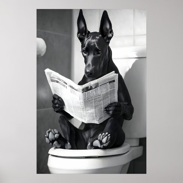 Funny Doberman Bathroom Print, Dog Reading Poster (Framsidan)