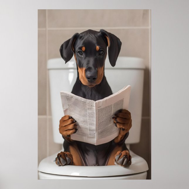 Funny Doberman Bathroom Print, Reading Newspaper Poster (Framsidan)