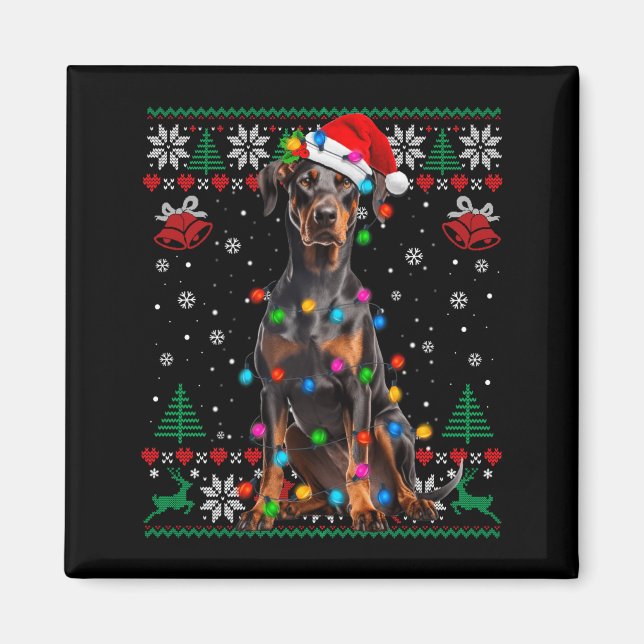 Funny Doberman Christmas Santa Hat Dog Ugly Sweate Magnet (Framsidan)