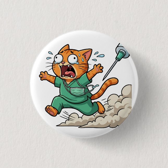 Funny Doctor Cat Running With Syringe Button Knapp (Framsida)