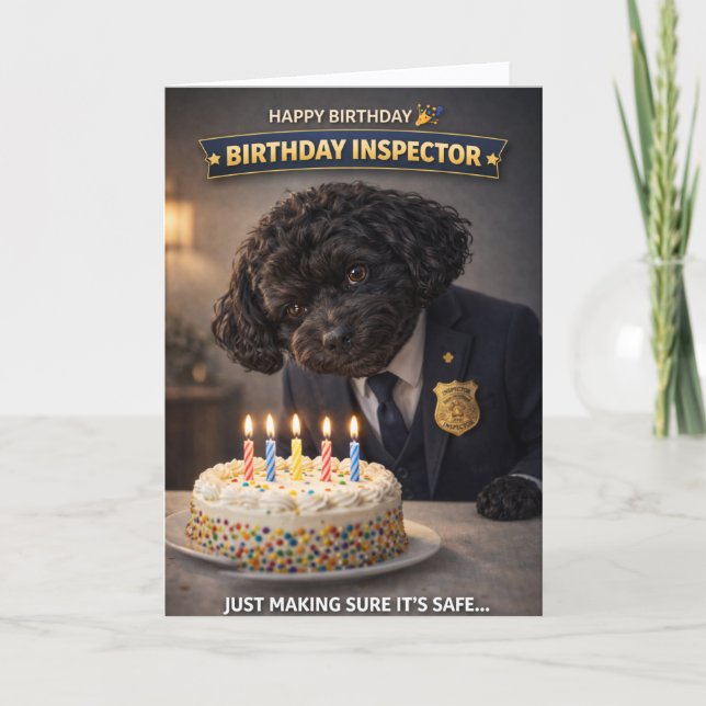 Funny Dog Birthday Card Cake Inspector Cockapoo Kort (Framsida)