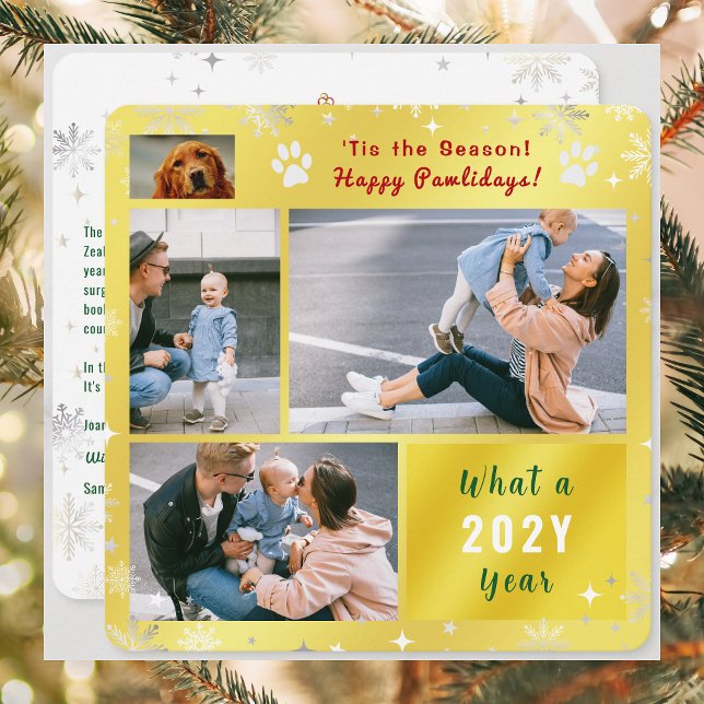 Funny Dog Cat 4 Photos Collage Cute Elegant Golden Julkort (Funny Dog Cat Photo Happy Pawlidays with 4 Photos Total. Elegant Cute Golden Background, Snowflakes)