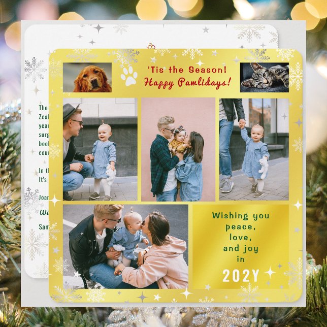 Funny Dog Cat Happy Pawlidays Peace Love Photos  Julkort (Funny Cat Dog Photo Happy Pawlidays with 6 Photos. Golden Background, Snowflakes. Peace, Love, Joy)