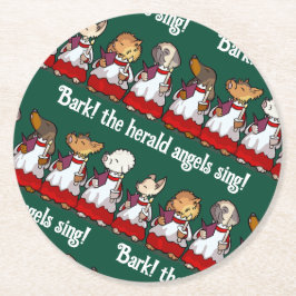Funny Dog Choir Bark! Xmas Carol Pun Cartoon Underlägg Papper Rund
