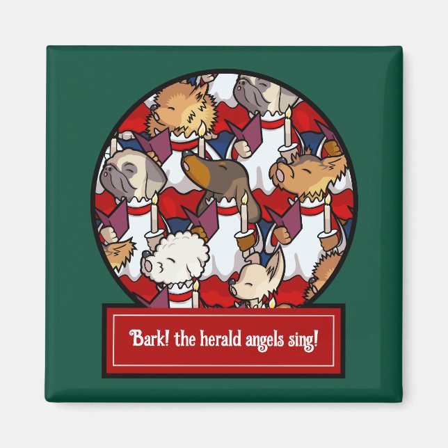 Funny Dog Choir Christmas Carol Pug Pun Cartoon Magnet (Framsidan)