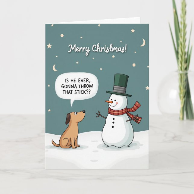 Funny Dog Christmas Card Snowman Stick Fetch Joke Kort (Framsida)