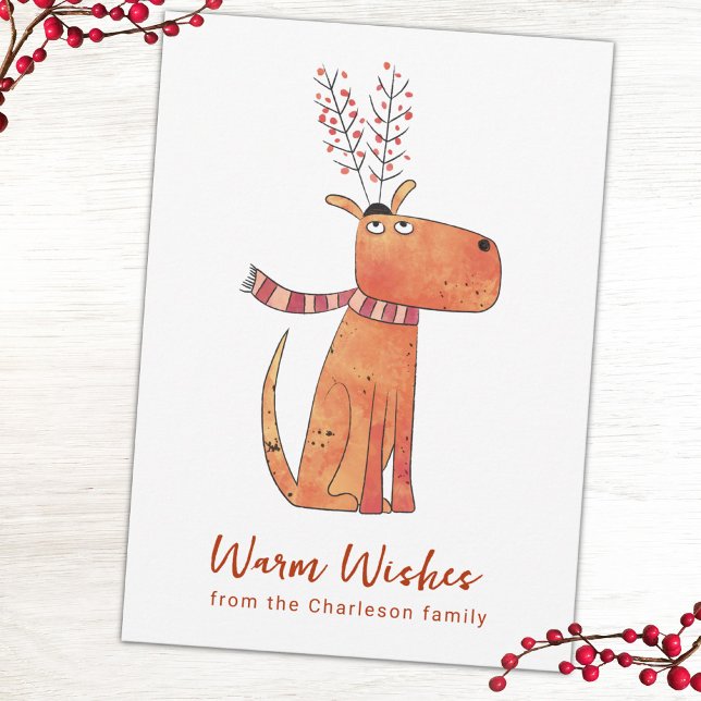 Funny Dog Fake Reindeer Holiday Card Julkort (Fun dog humor personalized holiday card with custom text)