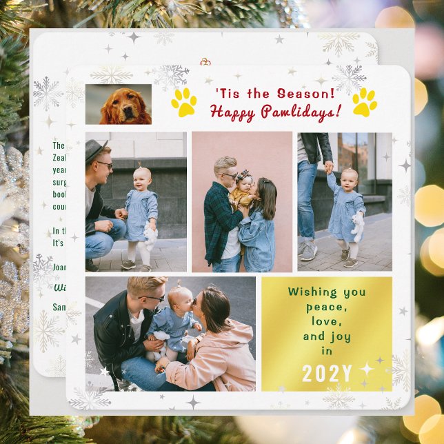 Funny Dog Happy Pawlidays Peace Love Joy 5 Photos  Julkort (Funny Dog Cat Photo Happy Pawlidays with 5 Photos Total. Elegant Cute Snowflakes. What a year letter)