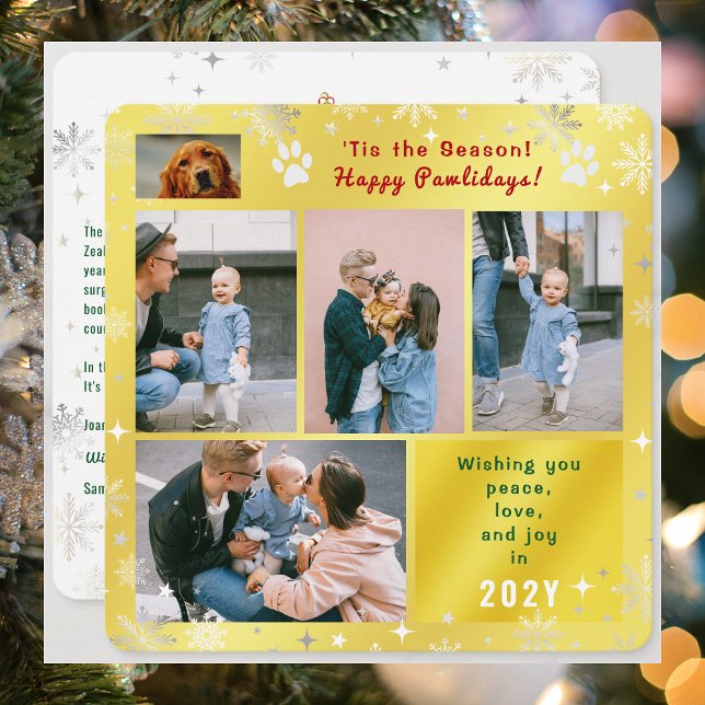 Funny Dog Happy Pawlidays Peace Love Photos Golden Julkort (Funny Dog Cat Photo Happy Pawlidays with 5 Photos Total. Elegant Cute Golden Background, Snowflakes)