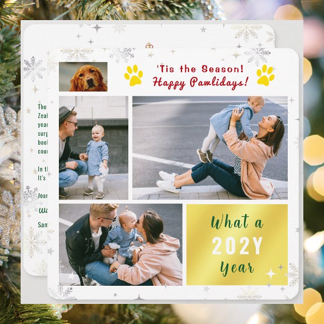 Funny Dog Happy Pawlidays Photos Christmas Letter Julkort (Funny Dog Cat Photo Happy Pawlidays with 4 Photos Total. Elegant Cute Snowflakes. What a year letter)