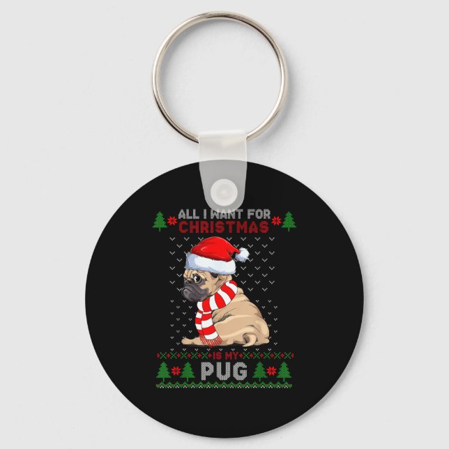 Funny Dog Lovers Cute Pug Santa Hat Ugly Christmas Nyckelring (Framsida)
