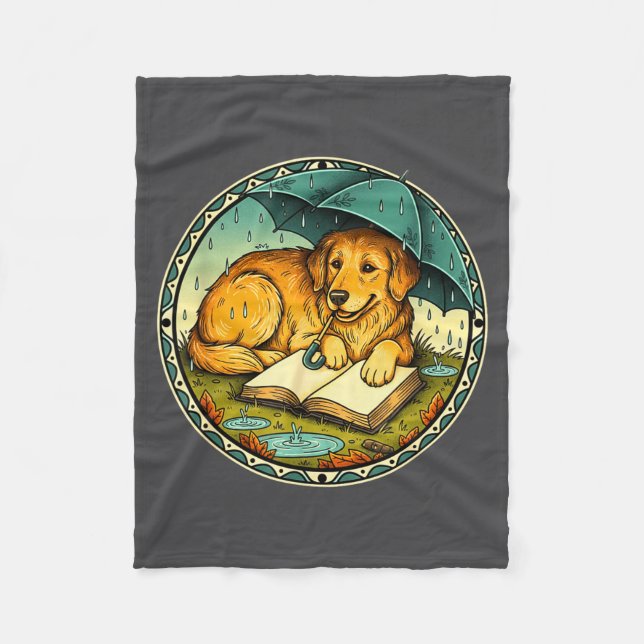 Funny Dog Reading Book Rain Cozy Umbrella Cute Art Fleecefilt (Framsidan)