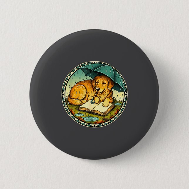 Funny Dog Reading Book Rain Cozy Umbrella Cute Art Knapp (Framsida)