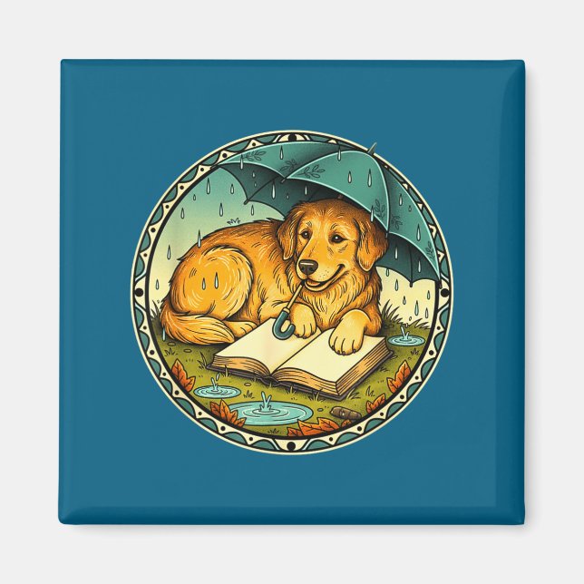Funny Dog Reading Book Rain Cozy Umbrella Cute Art Magnet (Framsidan)