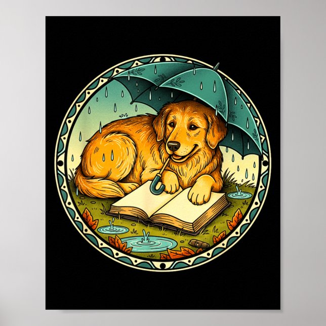 Funny Dog Reading Book Rain Cozy Umbrella Cute Art Poster (Framsidan)