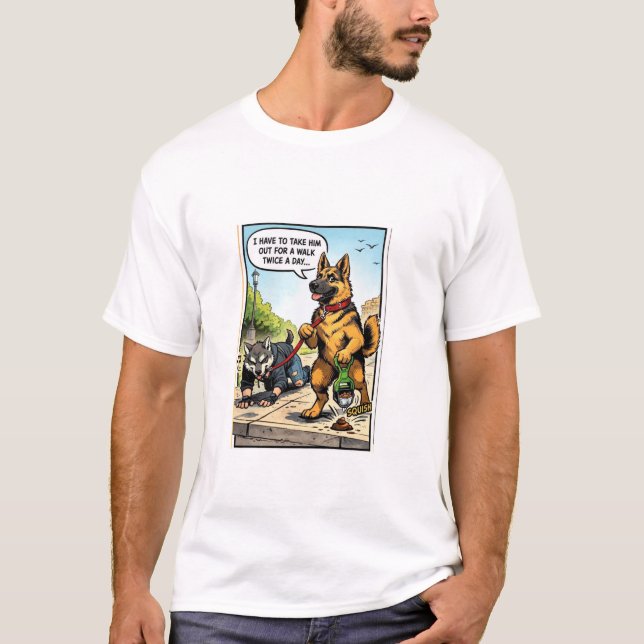 Funny Dog Walking Human Comic Graphic T-Shirt (Framsida)