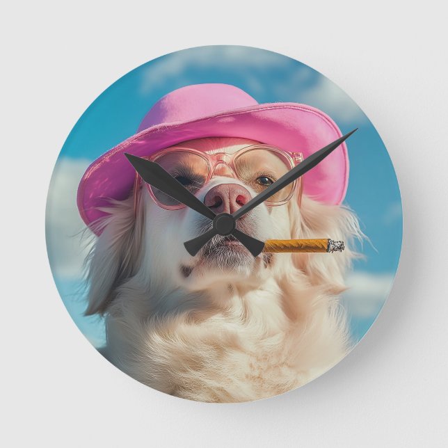 Funny Dog Wall Clock with Hat and Cigar - Quirky a Rund Klocka (Framsida)