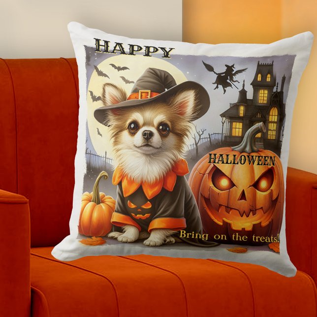 Funny Dog with Pumpkins Halloween Treats Kudde (Colorful artistic pillow featuring a funny dog dressed up for Halloween, surrounded by pumpkins)