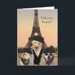 Funny Dogs Fransk Birthday Kort<br><div class="desc">Anpassade-kort med hundar i paket (BadDogHats.com) framför Eiffel Torn (PublicDomainPictures.)  Du kan anpassa dig.  På utsidan står det "Tala Fransk".  Inuti den står Grattis på födelsedagen.  Du kan gå till googletranslat och hämta en annan Fransk fras.  Du kan ändra text,  typsnitt,  storlekt teckensnitt och teckensnitt i färg.</div>