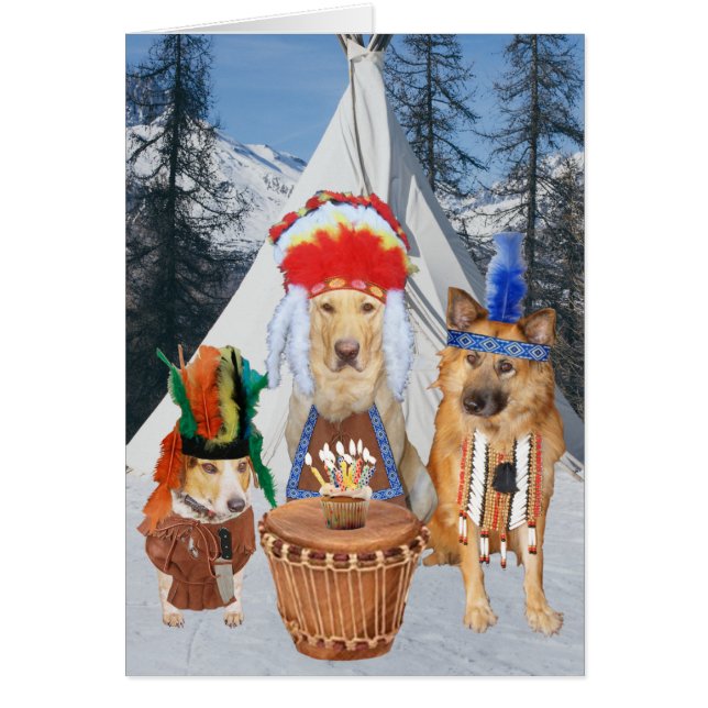 Funny Dogs Native American Birthday Hälsningskort (Framsidan)