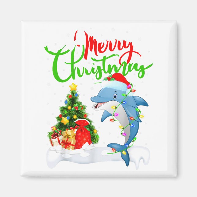 Funny Dolphin Fish Lover Xmas Lighting Dolphin Chr Magnet (Framsidan)