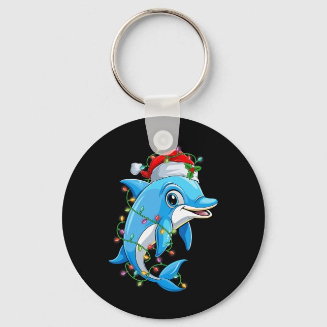 Funny Dolphin Santa Hat Julgran Ljus Julafton Nyckelring (Framsida)