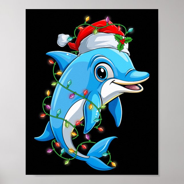 Funny Dolphin Santa Hat Julgran Ljus Julafton Poster (Framsidan)