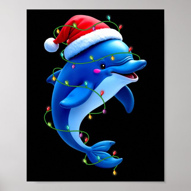 Funny Dolphin Santa Hat Julgran Ljus Julafton Poster (Framsidan)