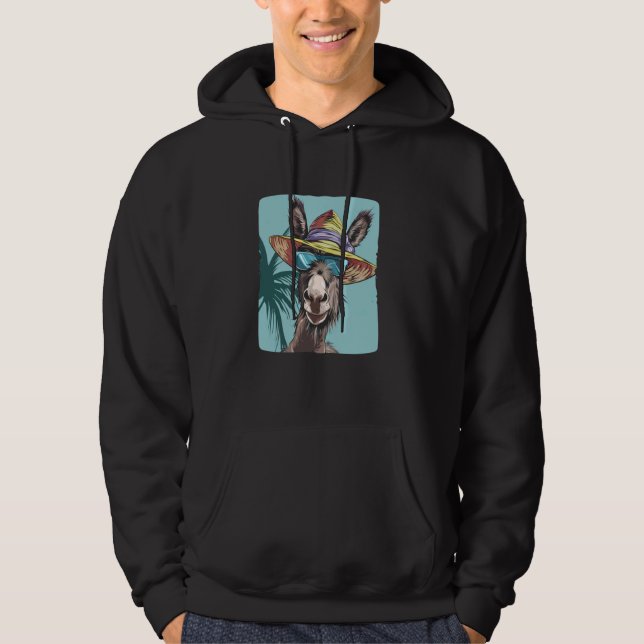 Funny Donkey Ansikte med solglasögon och Beach Hat Hoodie (Framsida)