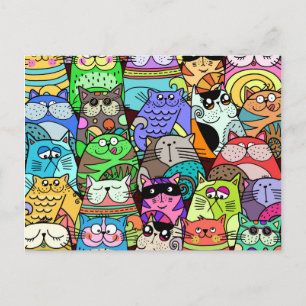 Funny Doodle Crowded Street Cat Gang Vykort