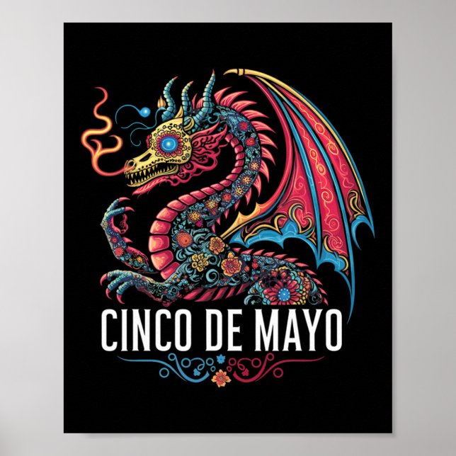 Funny Dragon Cinco De Mayo Sugar Skull Flower Mexi Poster (Framsidan)