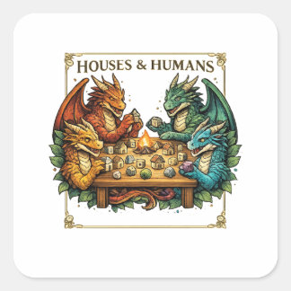 Funny Dragon Houses and Humans Fantasy Art Fyrkantigt Klistermärke