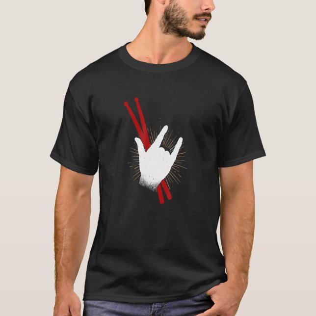 Funny Drummer Drum Sticks Rock & Roll Hand Horns G T Shirt (Framsida)