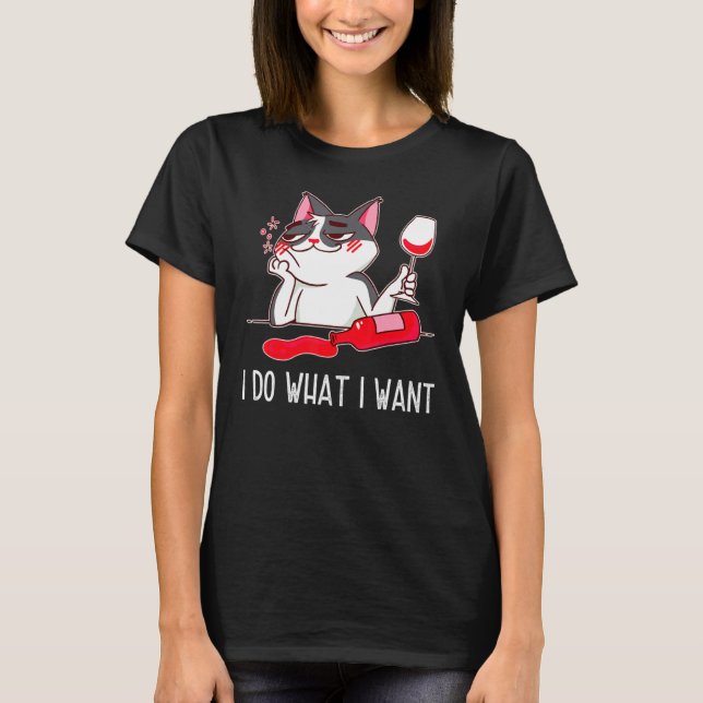 Funny Drunk Cat Drinking Vin T Shirt (Framsida)
