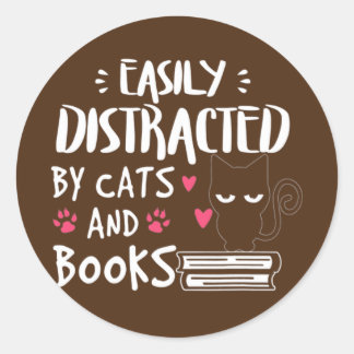 Funny Easily Distracted by Cats and Books Cat Runt Klistermärke