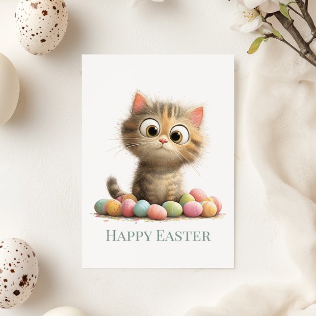 Funny Easter Cat Flat Greeting Card Julkort (Funny Easter Cat Flat Greeting Card on a sunny table with Easter and Spring decor)