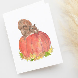 Funny ekorre på Pumpkin Autumn Watercolor Blank Tack Kort
